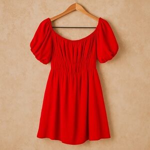 Bright Red Puff Sleeve Babydoll Mini Dress Size M